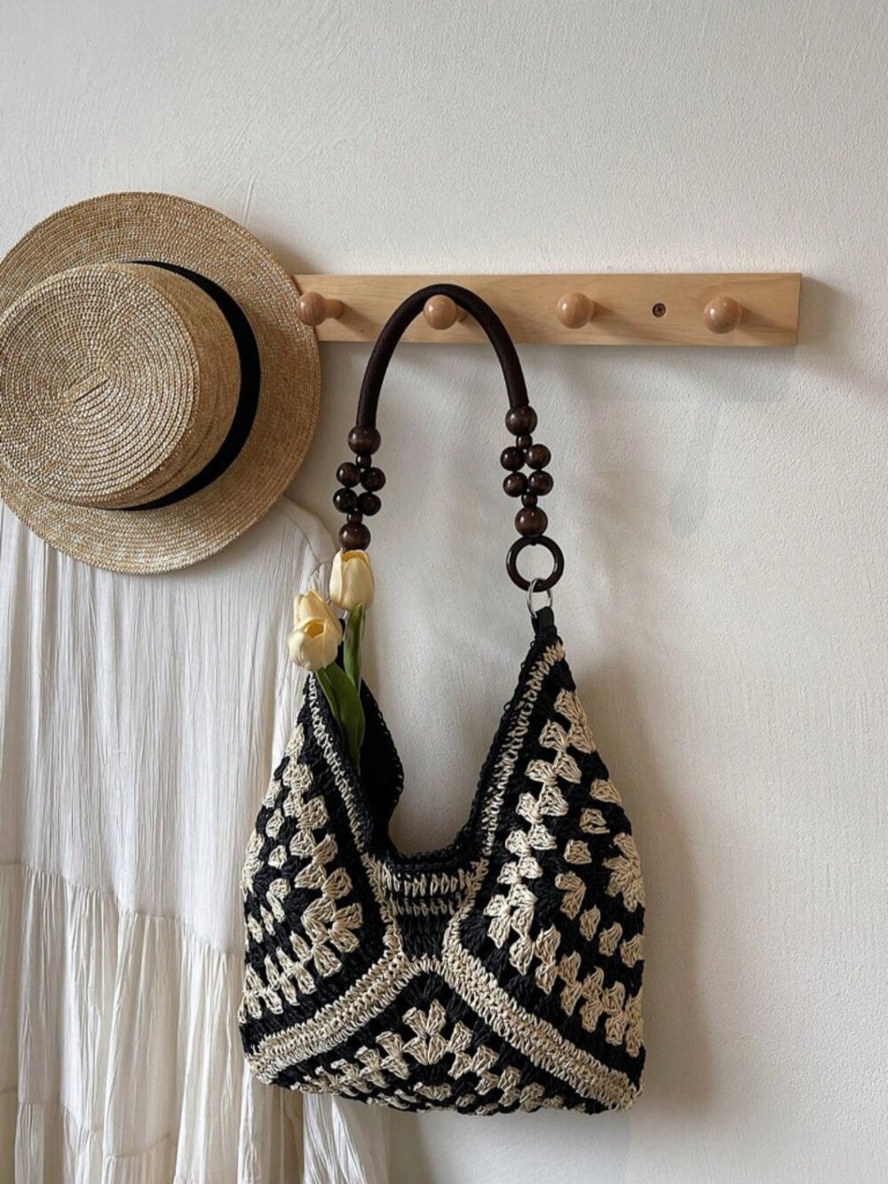 Black Casual Women's Crochet Patchwork Shoulder Bag – - Picture 5 of 8